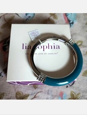 Lia Sophia Silver Tone Teal Chromatic Ocean Small Enameled Bangle Bracelet NWT